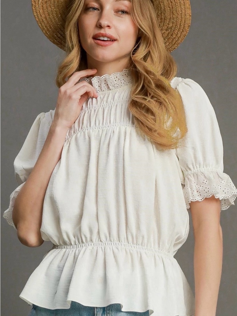 UMGEE Women's White Lace-Trim Peplum Blouse
